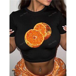 Women Vibrant Orange Fruit Print Pattern T-Shirt, Girls Short Crop Top, Casual